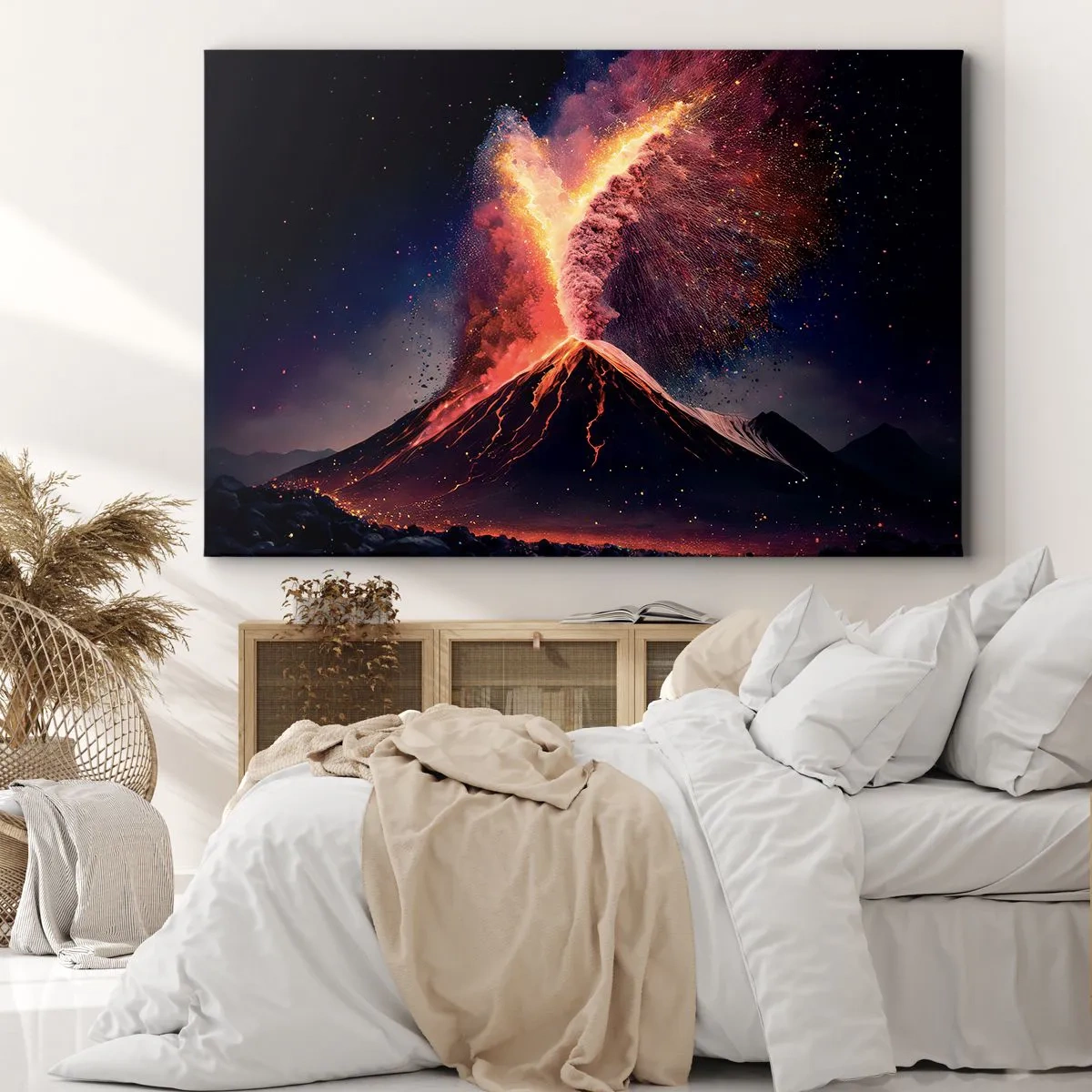 Lærredstryk - Billede på lærred - Et unikt vulkanudbrud om natten med dynamiske farver. - 70x50cm - Skønhed og rædsel - Moderne vægdekoration til stue og soveværelse ARTTOR