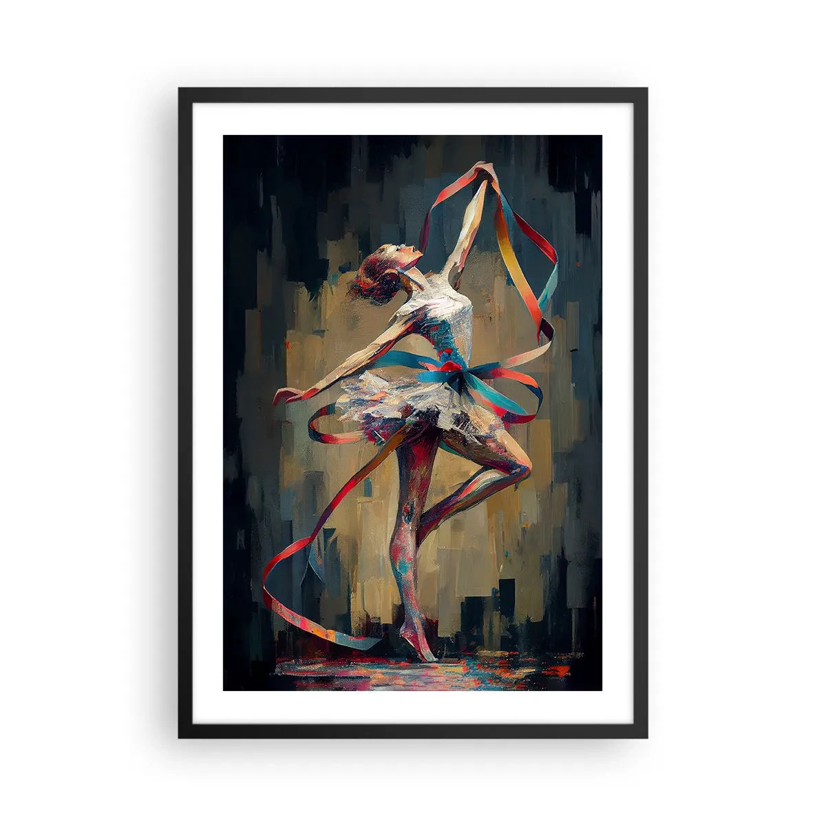 Plakat i sort ramme - En danser i en dynamisk positur med farverige bånd. - 50x70cm - Dans med et bånd - Moderne vægdekoration til stue og soveværelse ARTTOR