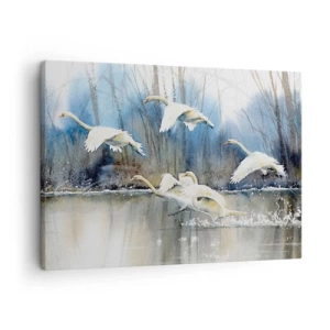 Lærredstryk - Billede på lærred - Svaner i flugt over en frossen sø i et vinterlandskab - 70x50cm - Som i en fortælling om vilde svaner - Moderne vægdekoration til stue og soveværelse ARTTOR