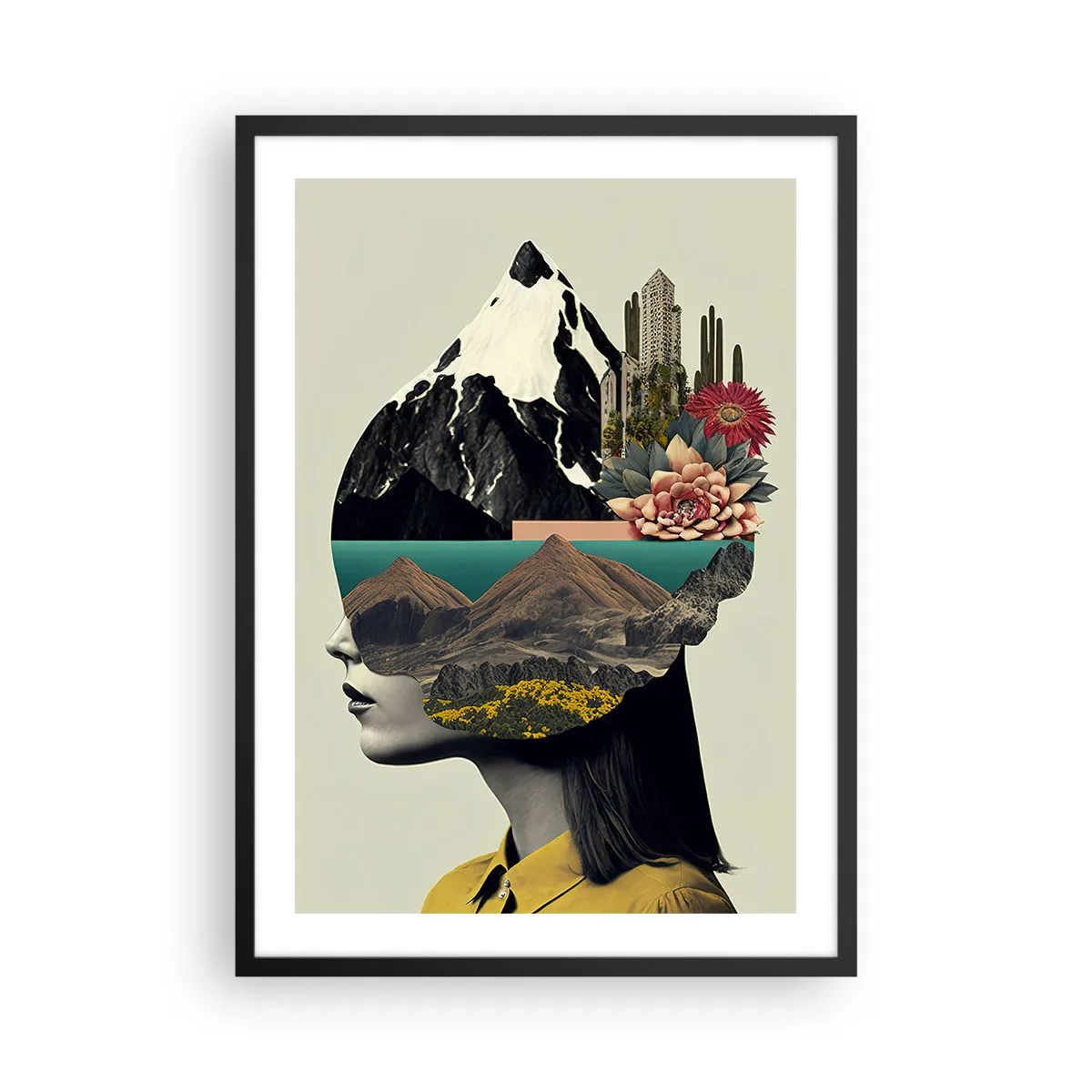Plakat i sort ramme - En kvinde med et surrealistisk landskab i hovedet - 50x70cm - Kvinden - altid et mysterium - Moderne vægdekoration til stue og soveværelse ARTTOR
