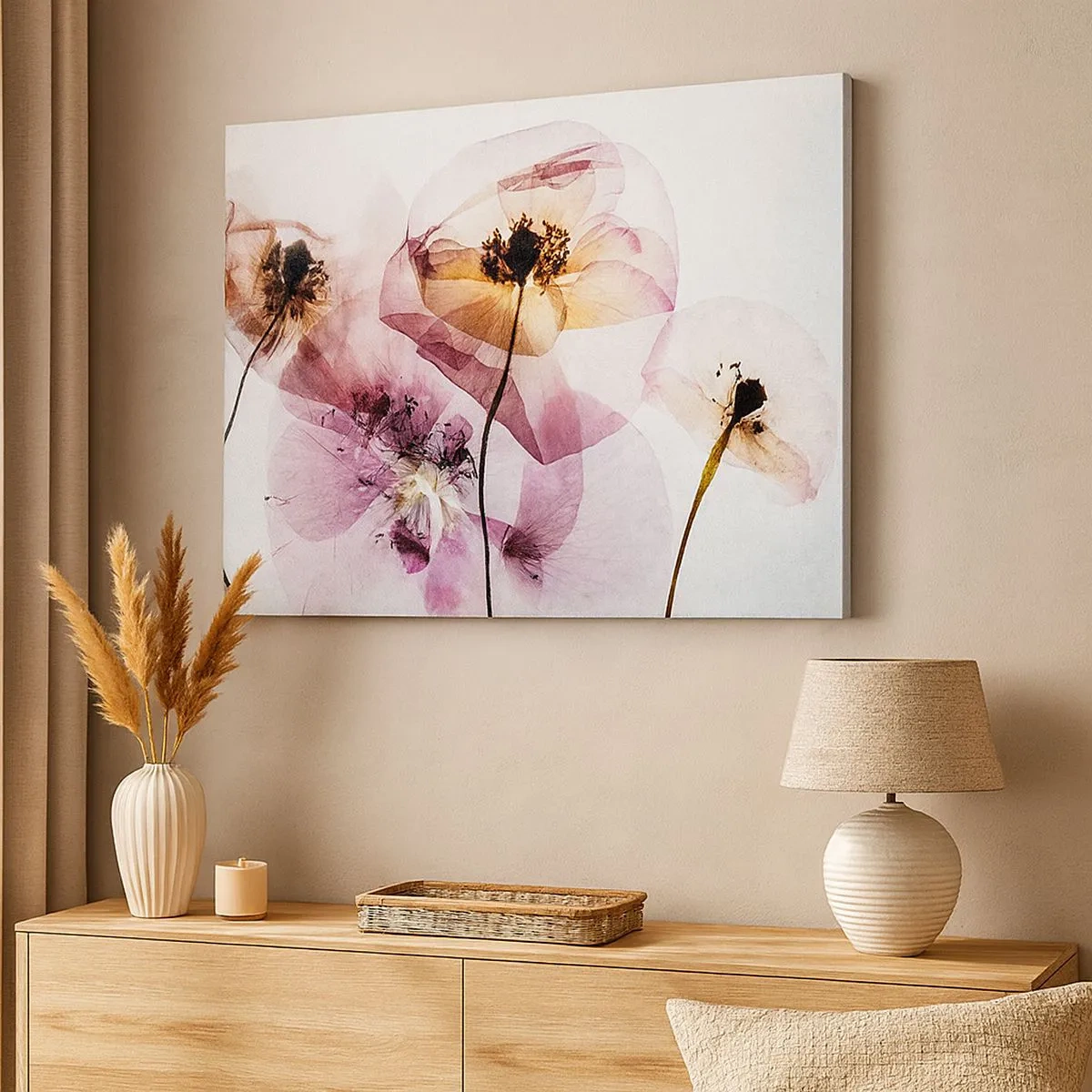 Lærredstryk - Billede på lærred - Delikate gennemsigtige blomster i pastelfarver - 70x50cm - Blomsterlegeme dias - Moderne vægdekoration til stue og soveværelse ARTTOR