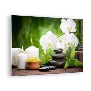 Billede på glas - Spa med orkideer, sten og stearinlys mod en grøn baggrund - 70x50cm - Duftende, blomstret, delikat touch - Moderne vægdekoration til stue og soveværelse ARTTOR