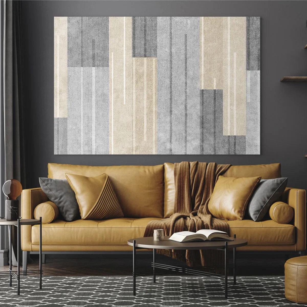 Billede på glas - Geometriske striber i grå og beige nuancer - 70x50cm - Komposition: hold den lodret - Moderne vægdekoration til stue og soveværelse ARTTOR