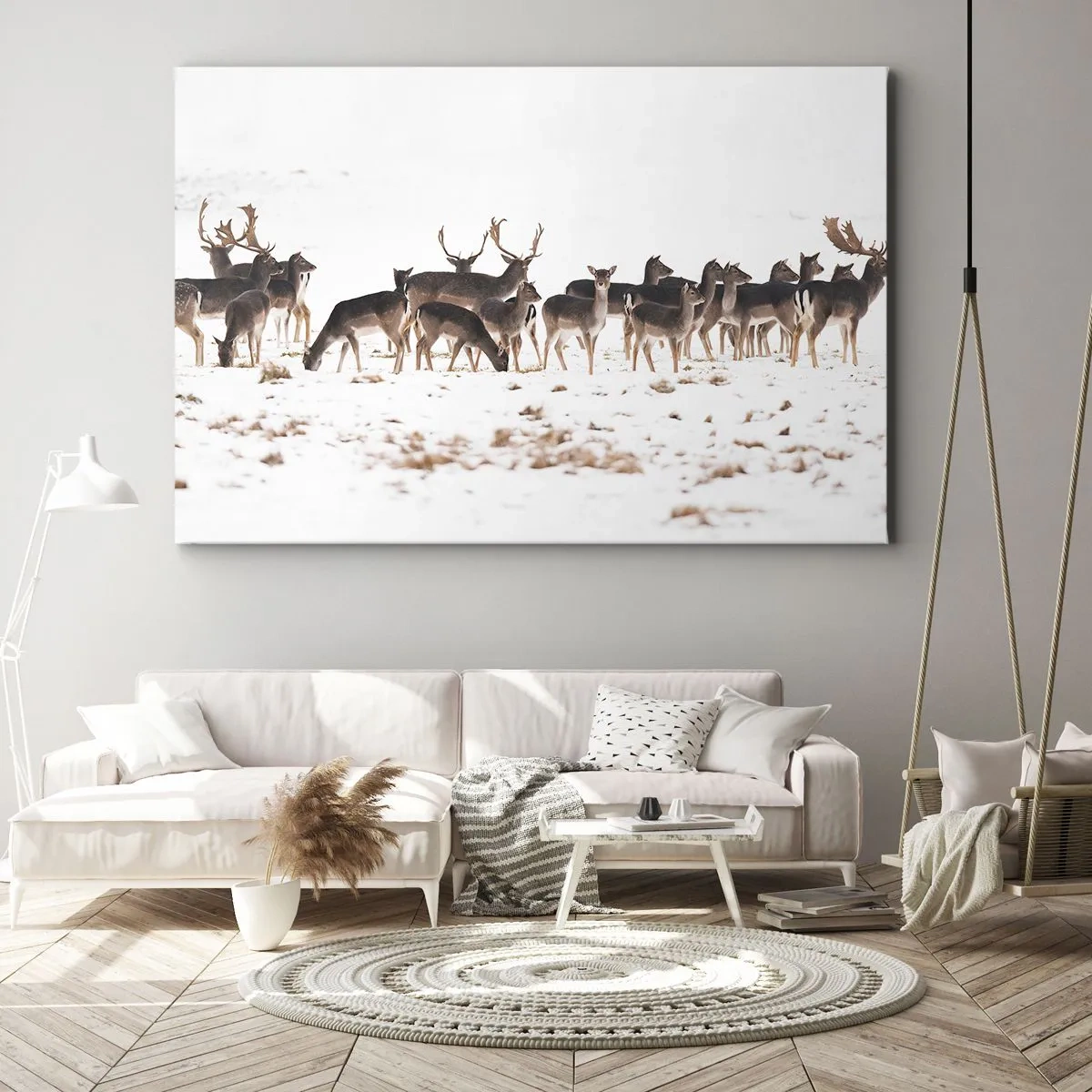 Lærredstryk - Billede på lærred - En flok hjorte mod en snedækket baggrund - 70x50cm - Er det snart jul? - Moderne vægdekoration til stue og soveværelse ARTTOR