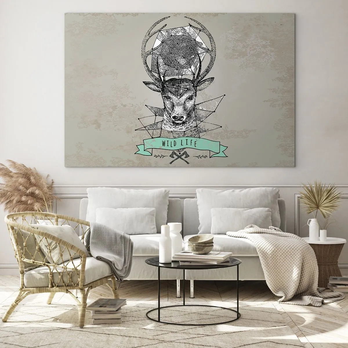 Billede på glas - Geometrisk tegning af en hjort med indskriften "Wild Life" - 70x50cm - Synet af sankt Hubertus - Moderne vægdekoration til stue og soveværelse ARTTOR