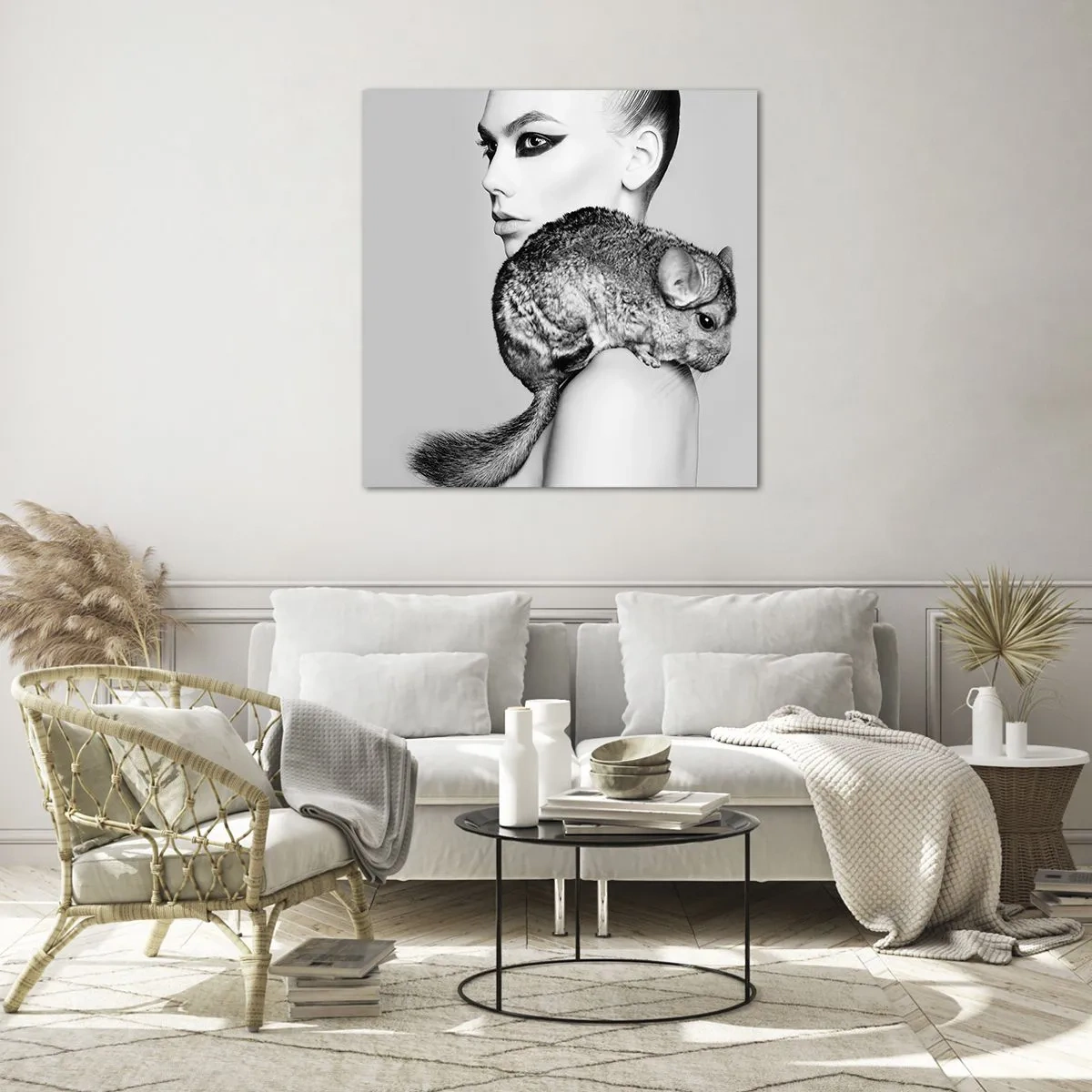 Billede på glas - Dame med en chinchilla - 70x70 cm