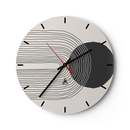 Vægur, Uret - Abstrakte linjer og en sort cirkel på en lys baggrund i en grafisk komposition - 30x30cm - Rystende og selvsikker - Moderne vægdekoration til stue, køkken og soveværelse ARTTOR