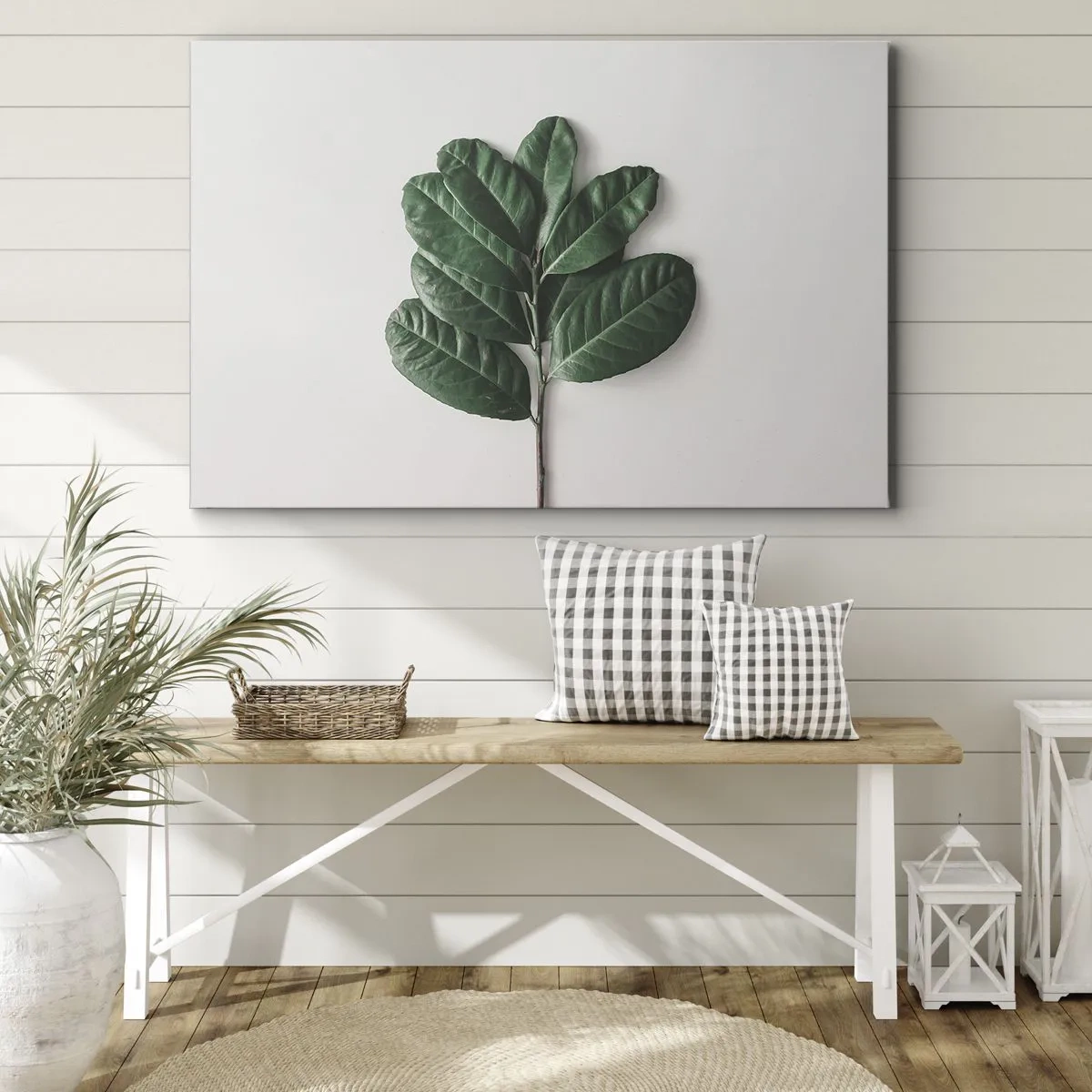 Lærredstryk - Billede på lærred - En kvist grønne blade på en lys baggrund - 70x50cm - Tegning af selve naturen - Moderne vægdekoration til stue og soveværelse ARTTOR