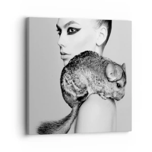 Lærredstryk - Billede på lærred - Dame med en chinchilla - 30x30 cm