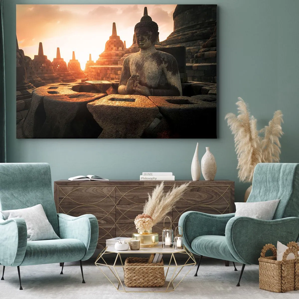 Lærredstryk - Billede på lærred - Buddha-statue ved Borobudur-templet ved solnedgang - 70x50cm - Vejr med stor visdom - Moderne vægdekoration til stue og soveværelse ARTTOR