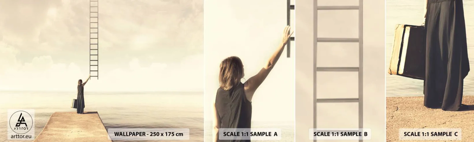 Prøve Fototapet Selvklæbende Deluxe Sticker - En magisk rejse - Abstraktion, Kvinde, Stige - 100x30 cm