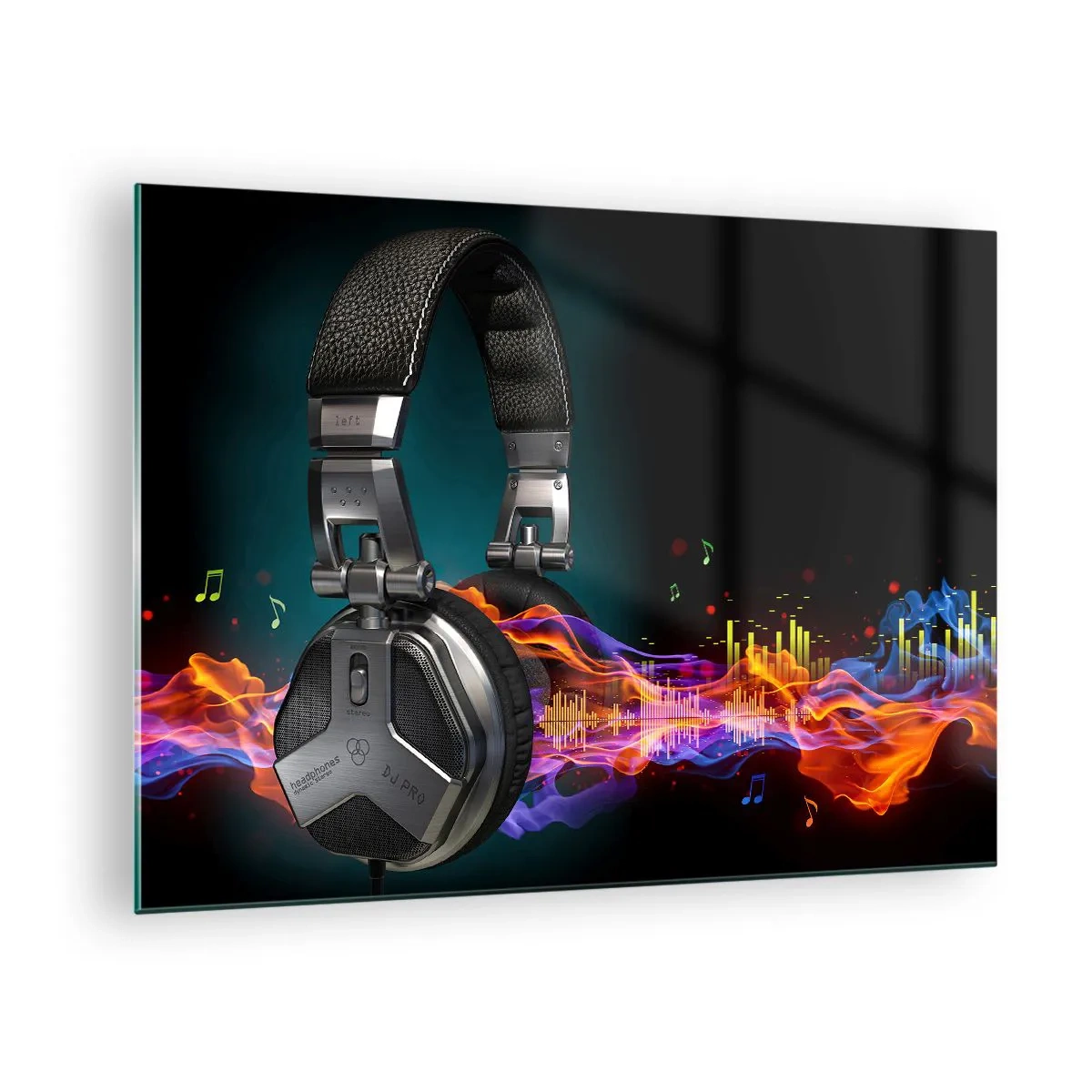 Billede på glas - DJ-hovedtelefoner med farverige lydbølger og musikalske noter - 70x50cm - I musikkens varme - Moderne vægdekoration til stue og soveværelse ARTTOR