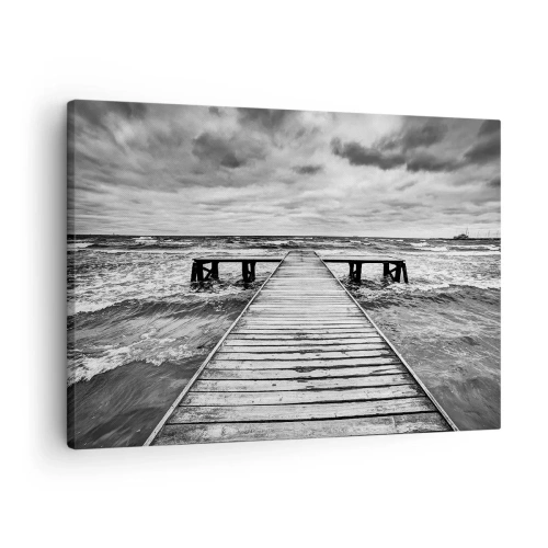 Lærredstryk - Billede på lærred - En sort-hvid visning af en træmole over et stormfuldt hav. - 70x50cm - Jeg venter på, at vinden blæser væk... - Moderne vægdekoration til stue og soveværelse ARTTOR