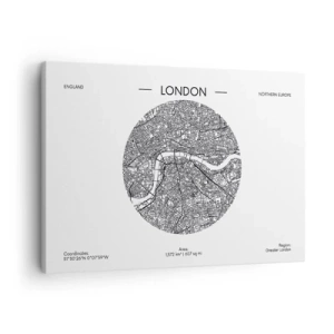 Lærredstryk - Billede på lærred - Et minimalistisk kort over London i sort-hvid med præcise detaljer. - 70x50cm - Londons anatomi - Moderne vægdekoration til stue og soveværelse ARTTOR