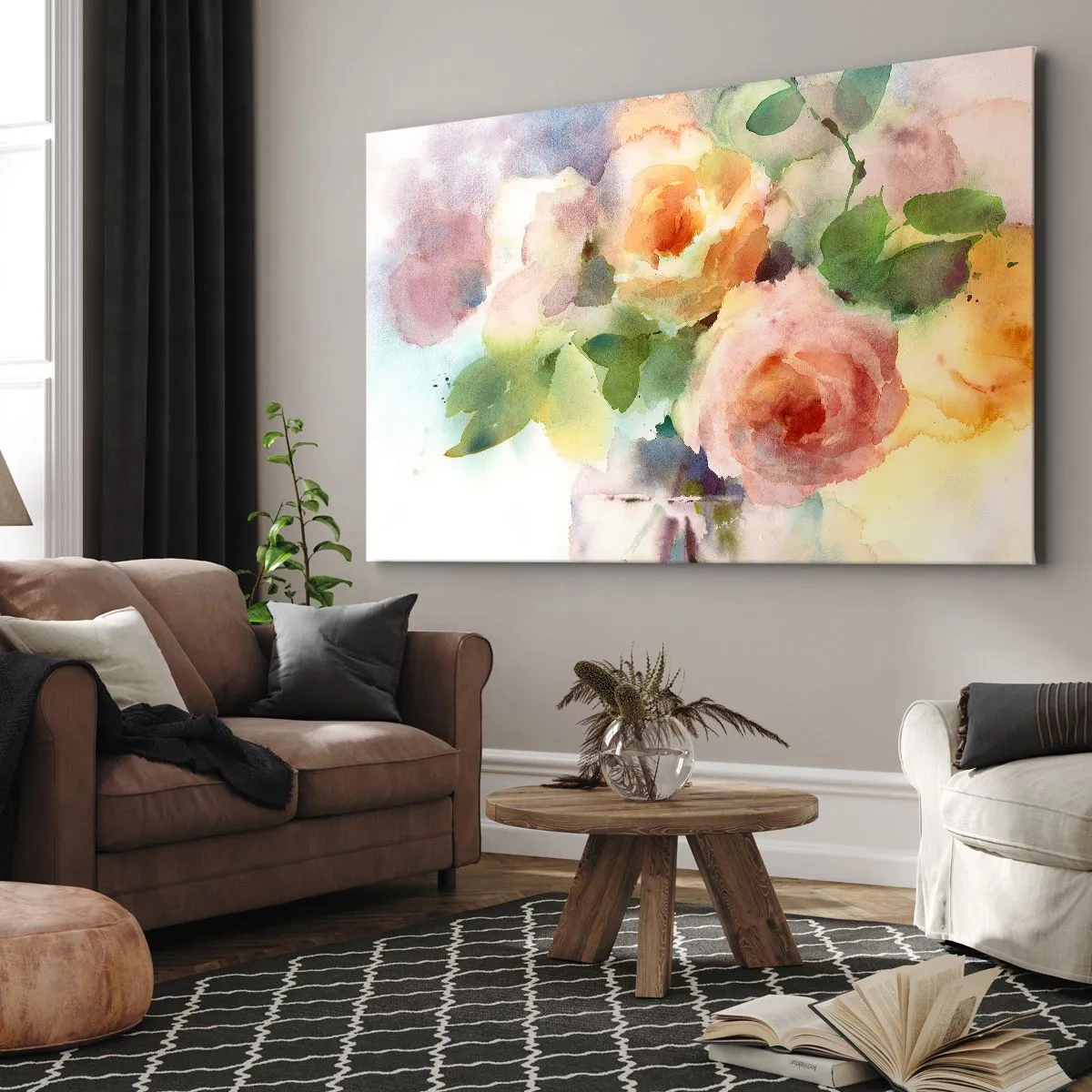 Lærredstryk - Billede på lærred - Delikate roser i akvarelstil på en lys baggrund - 70x50cm - Delikat som akvarelfarve - Moderne vægdekoration til stue og soveværelse ARTTOR