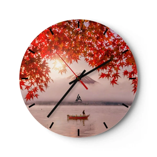 Vægur, Uret - Efterårsblade med Mount Fuji i baggrunden og en båd på en sø - 30x30cm - I en japansk atmosfære - Moderne vægdekoration til stue, køkken og soveværelse ARTTOR