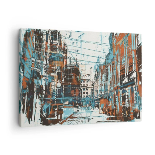Lærredstryk - Billede på lærred - Et bybillede i blå og orange nuancer - 70x50cm - Et afmærket byspor - Moderne vægdekoration til stue og soveværelse ARTTOR