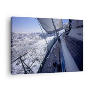 Lærredstryk - Billede på lærred - En sejlbåd i et stormfuldt hav med hvide sejl og et trædæk. - 70x50cm - Jeg ved, hvad det vil sige at være en fugl - Moderne vægdekoration til stue og soveværelse ARTTOR