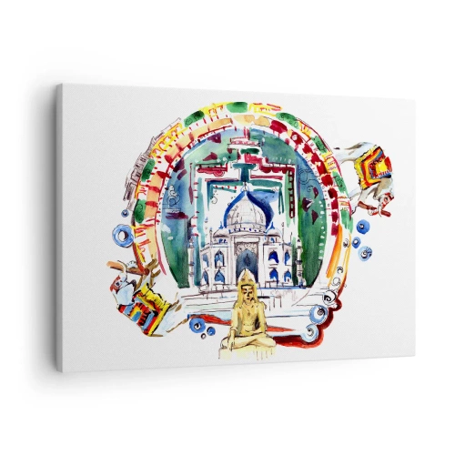 Lærredstryk - Billede på lærred - En farverig illustration af indisk arkitektur - 70x50cm - Hinduisk balance i verden - Moderne vægdekoration til stue og soveværelse ARTTOR