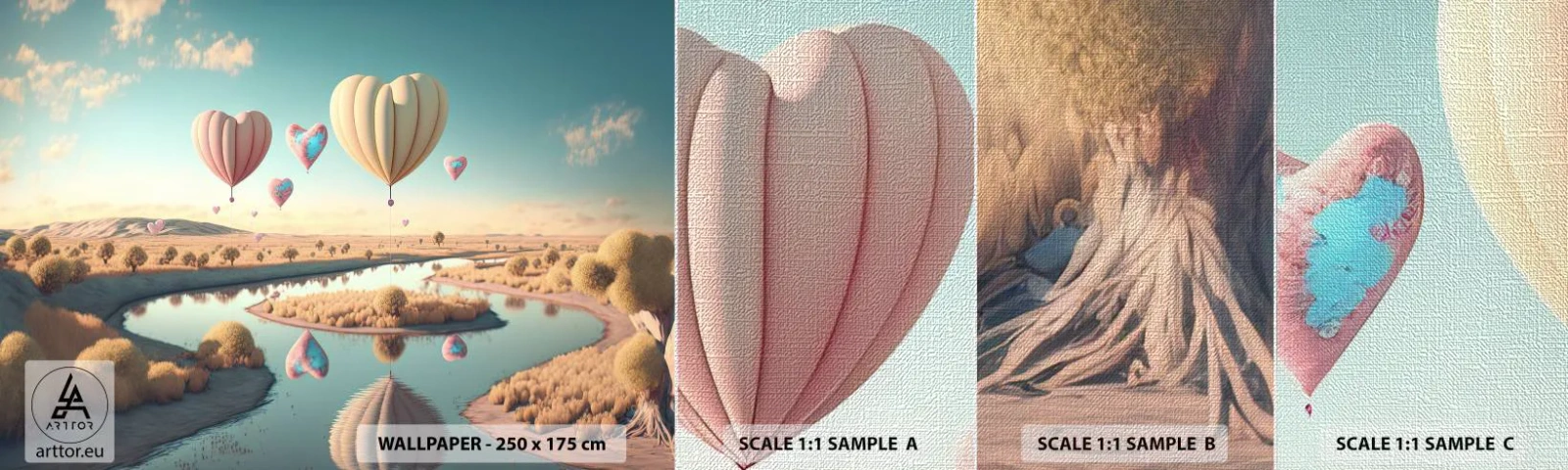 Prøve Fototapet Premium Canvas - Kærlighed lader dig svæve - Balloner, Pastel, Slik - 100x30 cm