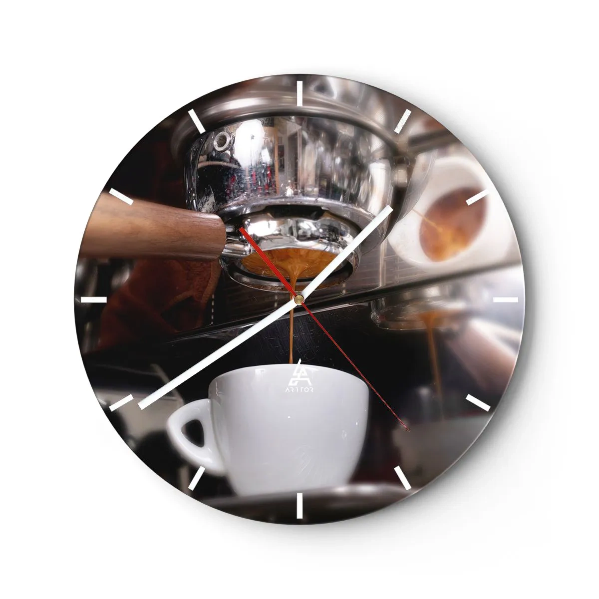 Vægur, Uret - Nærbillede af en kaffemaskine med en kop espresso - 30x30cm - Et godt øjeblik på dagen - Moderne vægdekoration til stue, køkken og soveværelse ARTTOR