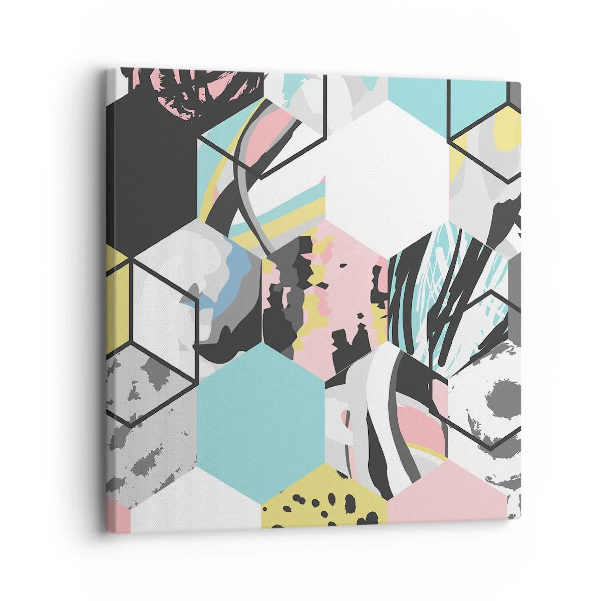 Lærredstryk - Billede på lærred - Sekskanter og terninger i seks farver - 30x30 cm