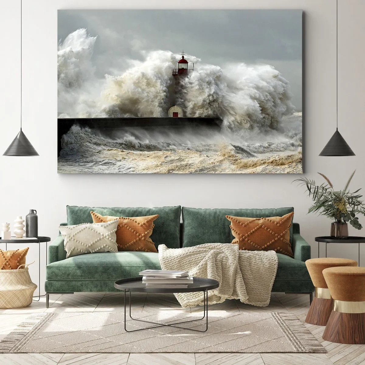 Lærredstryk - Billede på lærred - Et fyrtårn omgivet af barske bølger under en storm - 70x50cm - Havets vrede - Moderne vægdekoration til stue og soveværelse ARTTOR