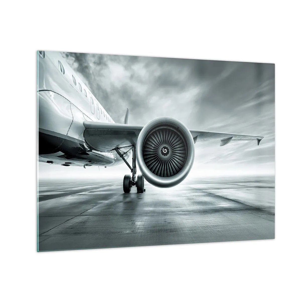 Billede på glas - En passagerflys turbine på landingsbanen ved daggry - 70x50cm - Der er kraft! - Moderne vægdekoration til stue og soveværelse ARTTOR