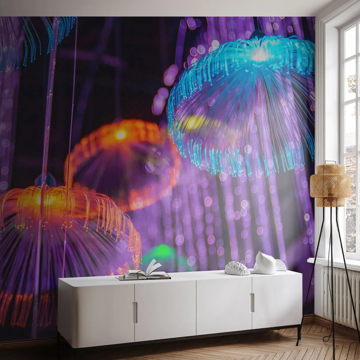 Fototapet Premium Sand - Lysende springvand - Neon, Lys, Luminans - 100x70 cm