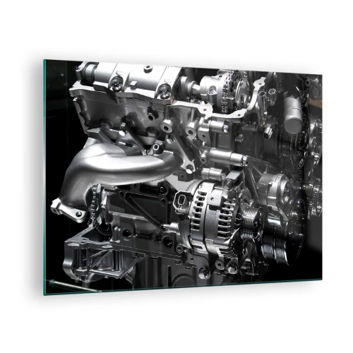 Billede på glas - Detaljer af en metalmotor på en sort baggrund - 70x50cm - Stål, smuk, stærk - Moderne vægdekoration til stue og soveværelse ARTTOR
