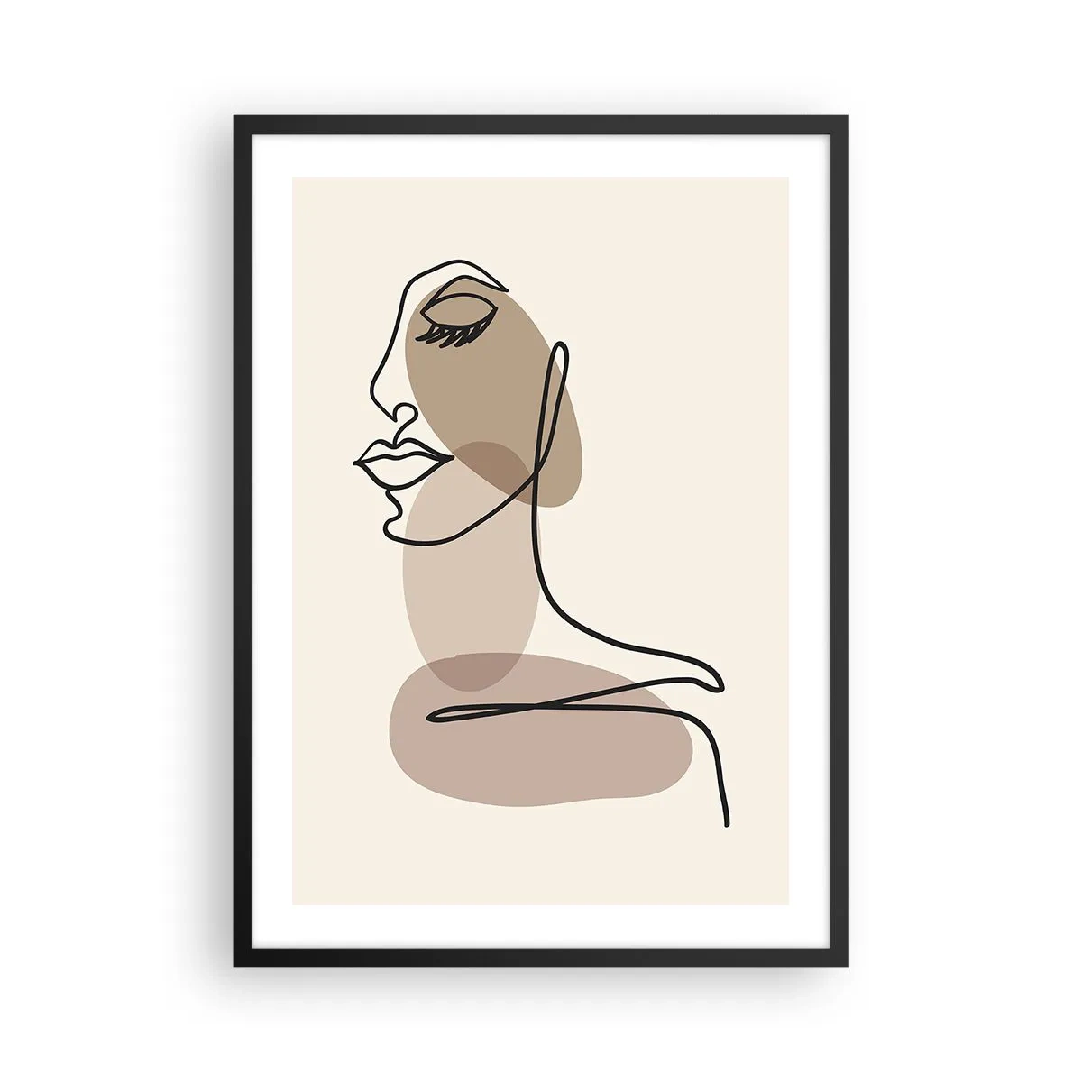 Plakat i sort ramme - Et minimalistisk portræt af en kvinde i abstrakte brune toner - 50x70cm - En vis linje af skønhed - Moderne vægdekoration til stue og soveværelse ARTTOR