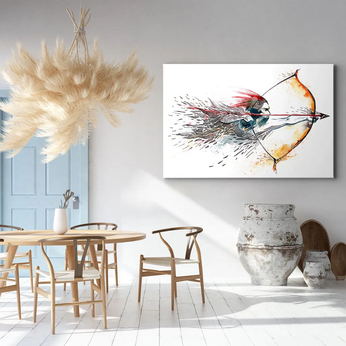 Lærredstryk - Billede på lærred - Dynamisk akvarelmaleri af en kriger med bue og pil - 70x50cm - Mytisk kriger med en brændende bue - Moderne vægdekoration til stue og soveværelse ARTTOR