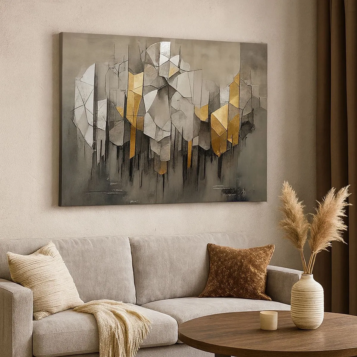 Lærredstryk - Billede på lærred - Geometrisk abstraktion i nuancer af guld og grå - 70x50cm - Komposition lavet af is og lys - Moderne vægdekoration til stue og soveværelse ARTTOR