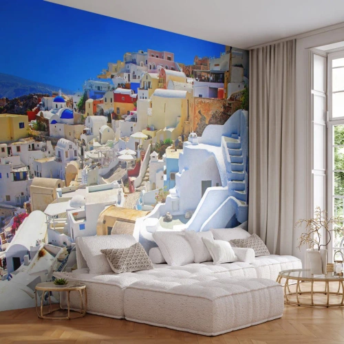 Fototapet Premium Sand - Drømme om en græsk sommer - Arkitektur, Landskab, Santorini - 200x140 cm