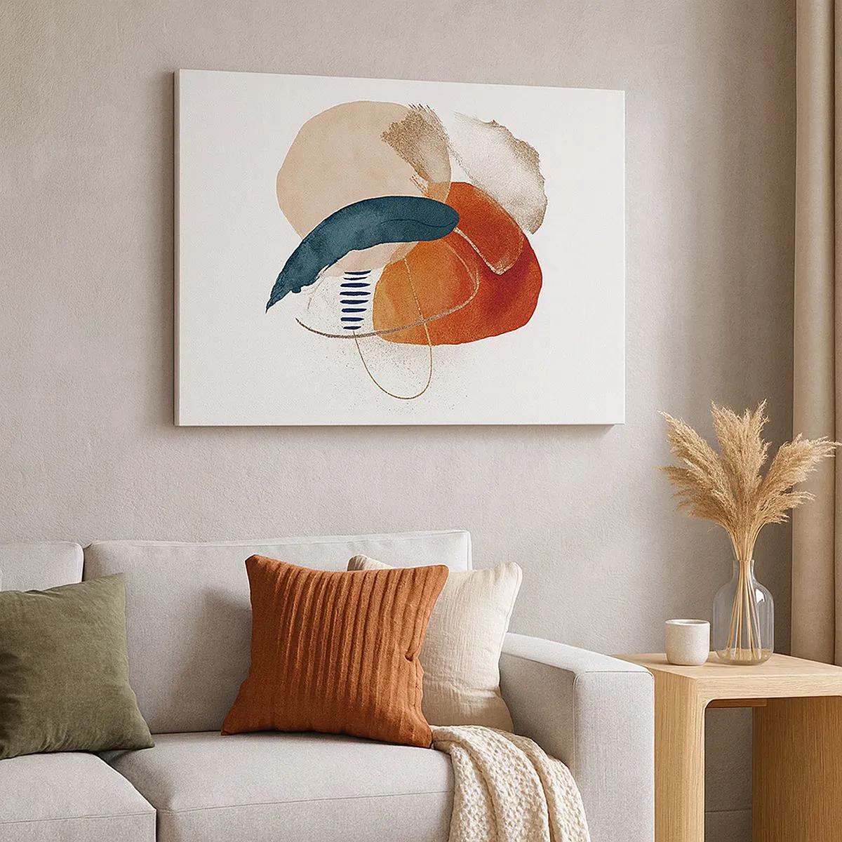 Lærredstryk - Billede på lærred - En abstrakt komposition med pletter i jordagtige og marineblå nuancer. - 70x50cm - Oval sammensætning - Moderne vægdekoration til stue og soveværelse ARTTOR