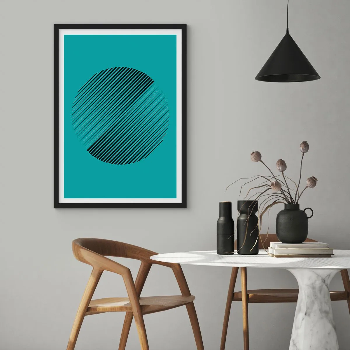 Plakat i sort ramme - Minimalistisk cirkelgrafik med linjer på en turkis baggrund - 50x70cm - Cirklen - en geometrisk variation - Moderne vægdekoration til stue og soveværelse ARTTOR