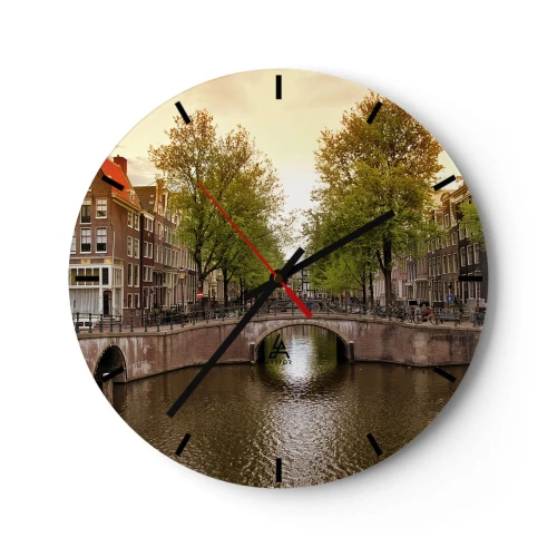 Vægur, Uret - Kanal med bro og lejligheder i Amsterdam - 30x30cm - Med båd eller på cykel? - Moderne vægdekoration til stue, køkken og soveværelse ARTTOR