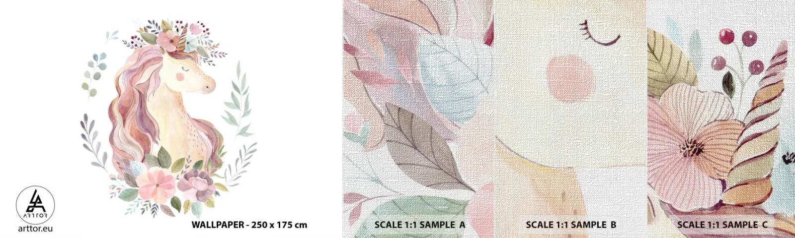 Prøve Fototapet Premium Canvas - En invitation til eventyrets verden - enhjørning, Girly, For børn - 100x30 cm