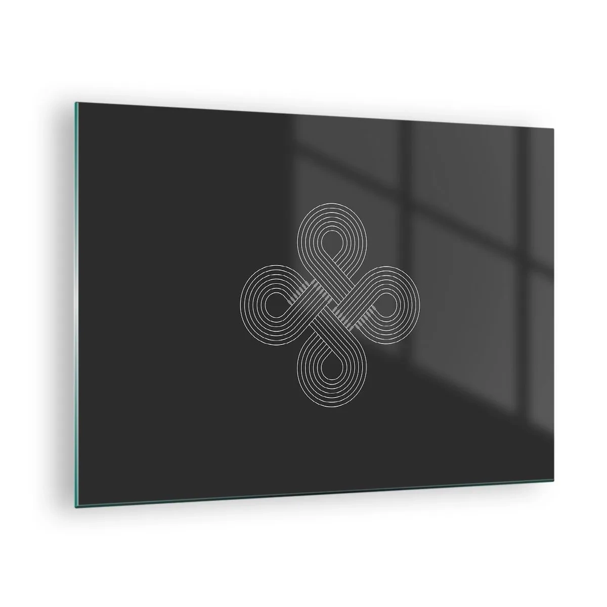 Billede på glas - Minimalistisk hvidt keltisk symbol på sort baggrund - 70x50cm - I den keltiske ånd - Moderne vægdekoration til stue og soveværelse ARTTOR