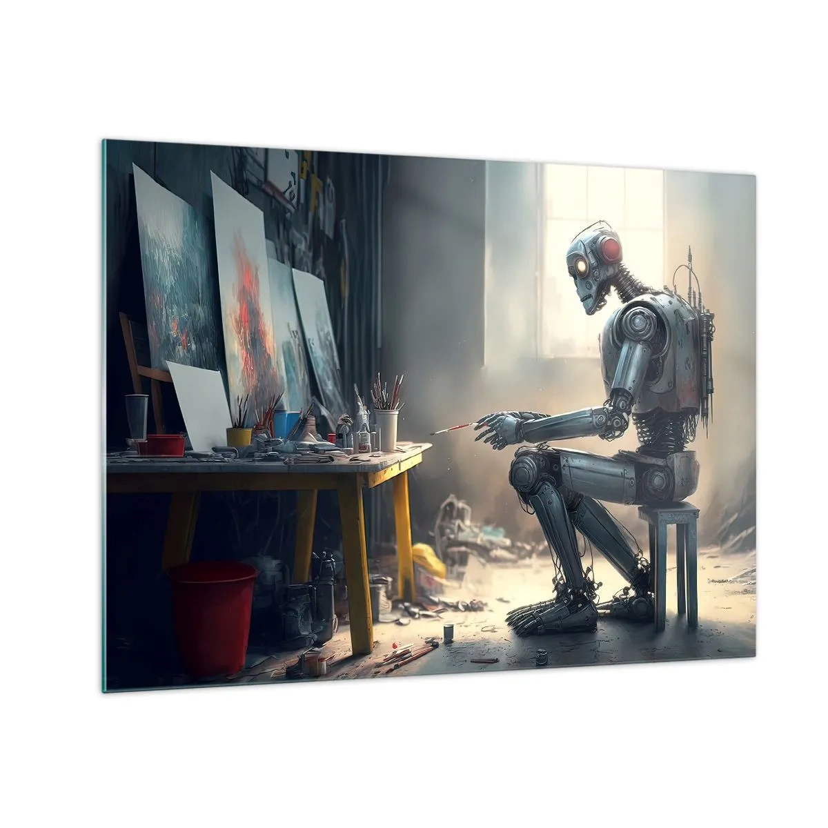 Billede på glas - En robot der maler billeder i et kunststudie - 70x50cm - Den skabende handling - Moderne vægdekoration til stue og soveværelse ARTTOR