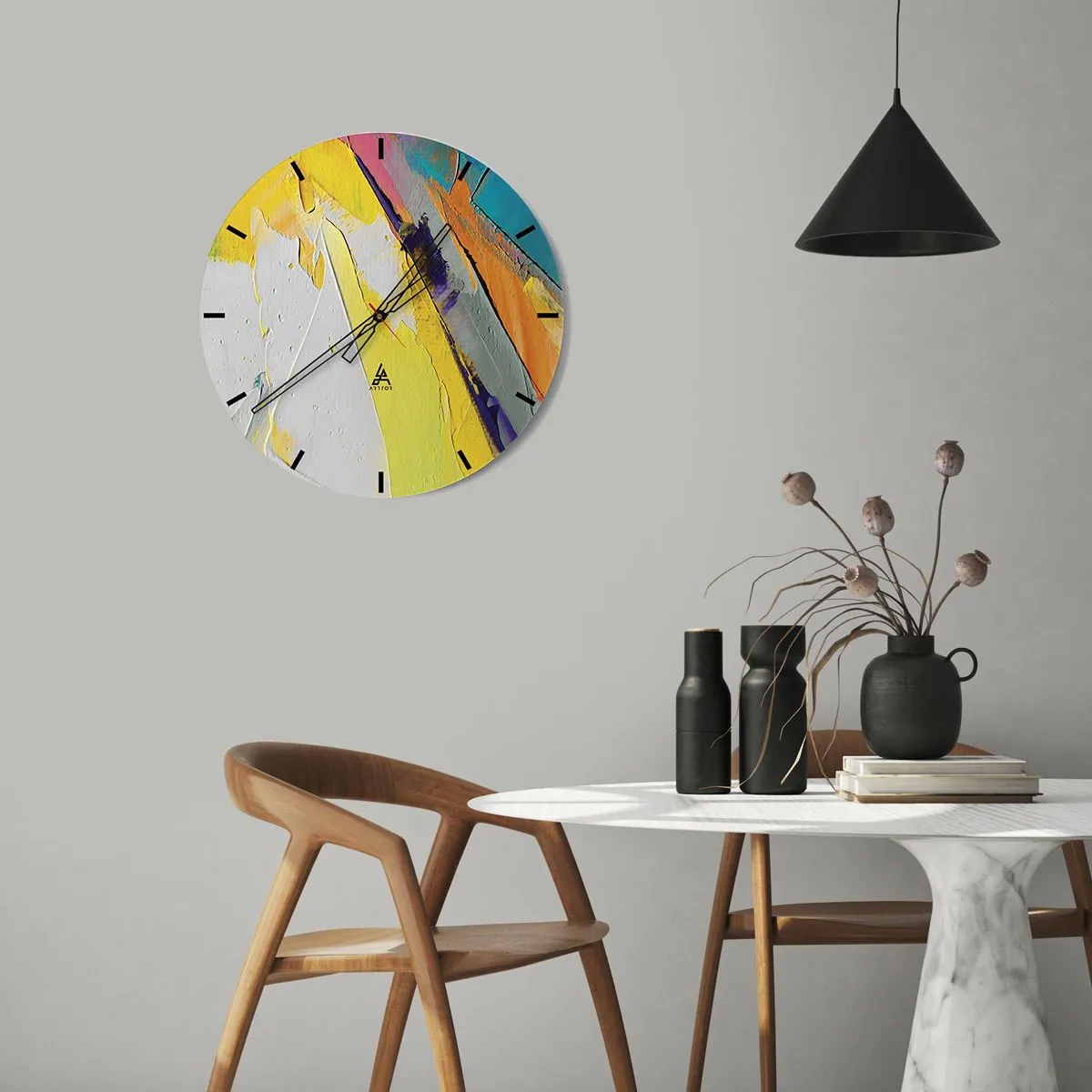 Vægur, Uret - Farverig abstraktion med en overvægt af gul, hvid og blå - 30x30cm - Lysets anatomi - Moderne vægdekoration til stue, køkken og soveværelse ARTTOR