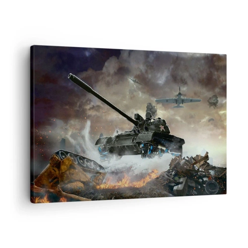 Lærredstryk - Billede på lærred - Kampscene med kampvogne og fly i baggrunden - 70x50cm - Kampen er frygtelig og smuk - Moderne vægdekoration til stue og soveværelse ARTTOR