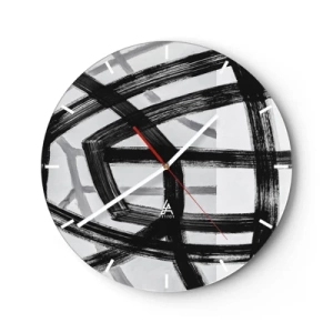Vægur, Uret - Dynamiske sorte penselstrøg skaber tredimensionelle mønstre - 30x30cm - Opbygning af dybde - Moderne vægdekoration til stue, køkken og soveværelse ARTTOR