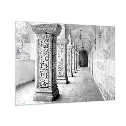 Billede på glas - Historisk kloster med udskårne søjler - 70x50cm - Og hvor går det hen...? - Moderne vægdekoration til stue og soveværelse ARTTOR