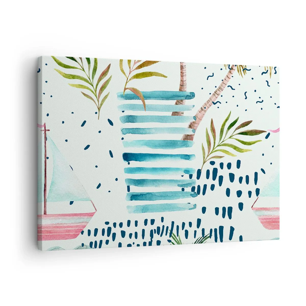 Lærredstryk - Billede på lærred - Abstrakt mønster med palmer og nautiske accenter - 70x50cm - Ferie under palmerne - Moderne vægdekoration til stue og soveværelse ARTTOR