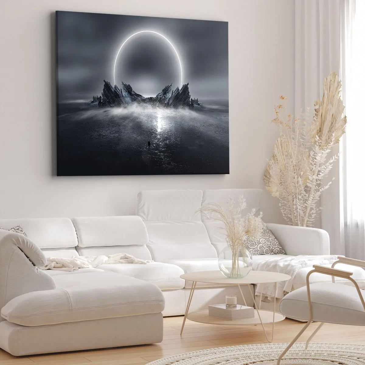 Lærredstryk - Billede på lærred - Mystisk landskab med en lysring over bjergene - 70x50cm - En finale på en historie - Moderne vægdekoration til stue og soveværelse ARTTOR