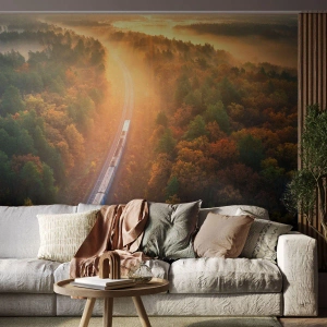 Fototapet Selvklæbende Deluxe Sticker - Efterårsrejse - Jernbanetransport, Bjerglandskab, Persontog - 200x140 cm