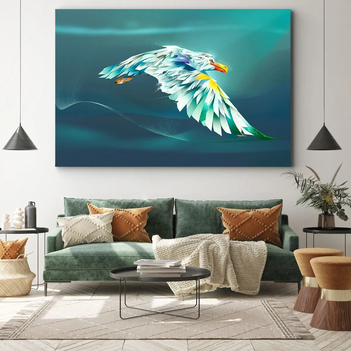 Lærredstryk - Billede på lærred - Abstrakt ørn i flugt mod en turkis himmel - 70x50cm - Den ørnelignende kraft i din flugt - Moderne vægdekoration til stue og soveværelse ARTTOR