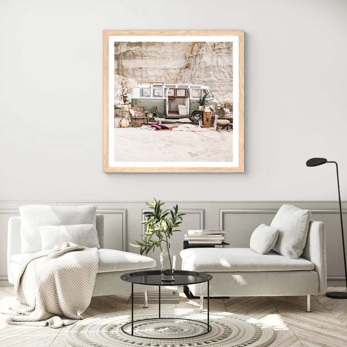 Plakat i ramme af lyst egetræ - Tid til at starte rejsen - 40x40 cm