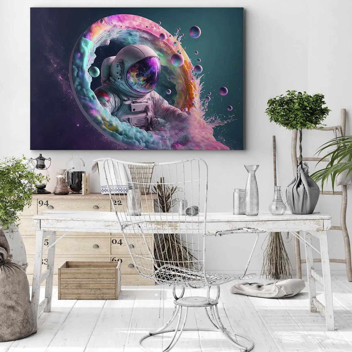 Lærredstryk - Billede på lærred - Astronaut i en farverig kosmisk aura - 70x50cm - Stjerneport - Moderne vægdekoration til stue og soveværelse ARTTOR